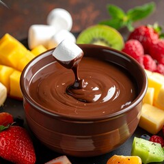 Close-up of rich, melted chocolate fondue in a pot, surrounded by fresh fruits and marshmallows for dipping, elegant dessert presentation, gourmet food photography style