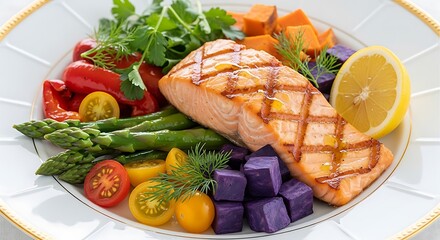Grilled salmon with asparagus sweet potato and purple potato on a white plate presentation