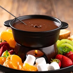 Close-up of rich, melted chocolate fondue in a pot, surrounded by fresh fruits and marshmallows for dipping, elegant dessert presentation, gourmet food photography style