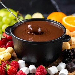 Close-up of rich, melted chocolate fondue in a pot, surrounded by fresh fruits and marshmallows for dipping, elegant dessert presentation, gourmet food photography style