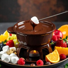 Close-up of rich, melted chocolate fondue in a pot, surrounded by fresh fruits and marshmallows for dipping, elegant dessert presentation, gourmet food photography style