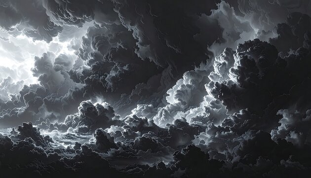 Dramatic grayscale depiction of a turbulent, dark sky filled with heavy, ominous clouds, illuminated from within by a bright, undefined light source