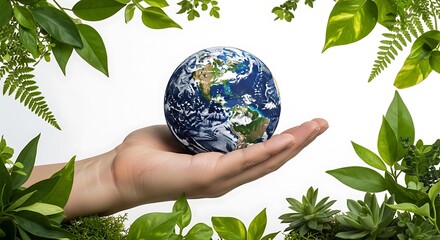 Hand holding earth globe surrounded by green leaves against a white background in studio shot