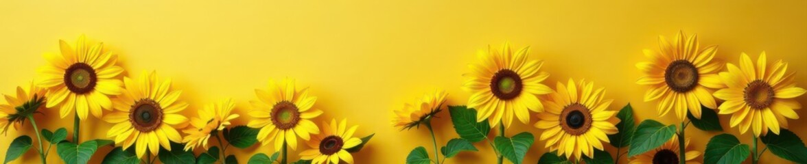Vibrant yellow sunflowers bloom against a patterned wallpaper backdrop , background, decor, wall