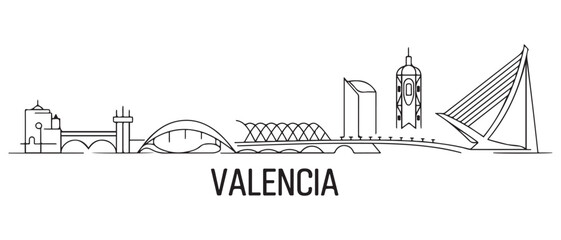 Obraz premium Valencia Line Art skyline banner. Valencia, Spain. with white background