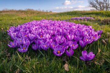 Naklejka premium A field blossoms with numerous purple crocuses, each featuring a yellow center.