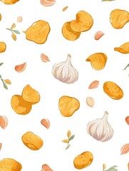 Seamless food pattern with potatoes, garlic cloves, and herbs on a white background, for culinary designs.
