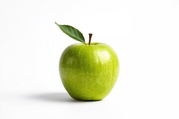 A crisp apple variety with bright green skin isolated on a white backdrop.