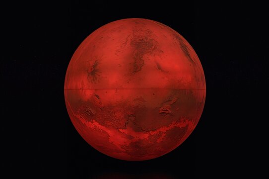 A glowing model of the Red Planet floating in a black background