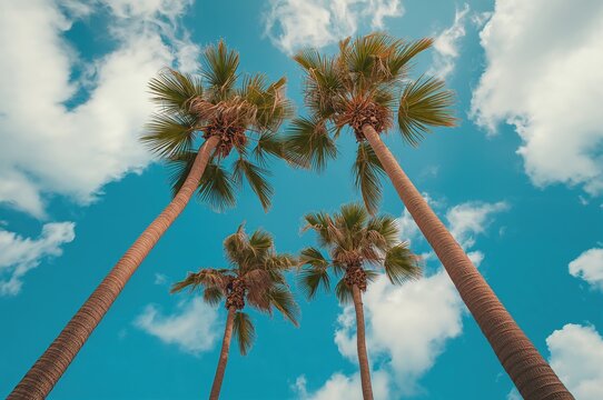 Looking up at tall palm trees against a clear blue sky dotted with soft white clouds - Powered by Adobe