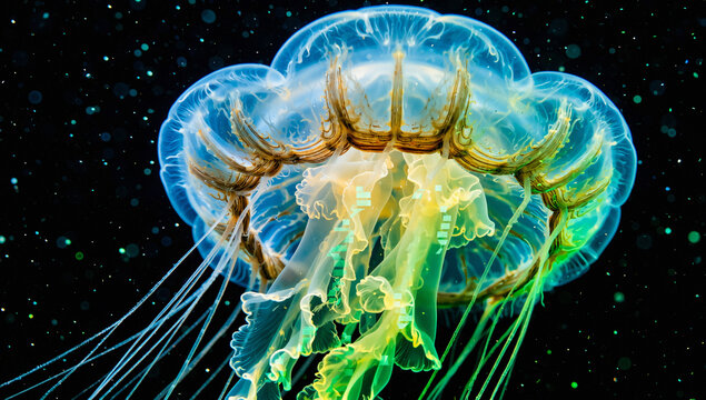 Translucent Jellyfish with Trailing Tentacles and Luminous Particles - Powered by Adobe