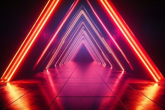 Stunning neon triangle tunnel with radiant red and pink light, perfect for modern background designs