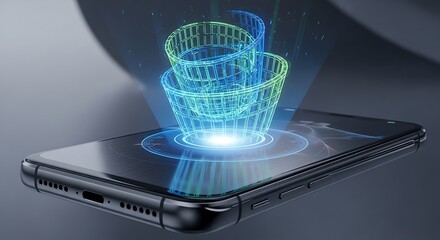 Smartphone displaying a holographic wireframe spiral structure with a blue and green gradient