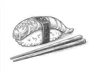 Sushi with chopsticks: Artistic illustration of Japanese cuisine. Detailed line work brings this dish to life.