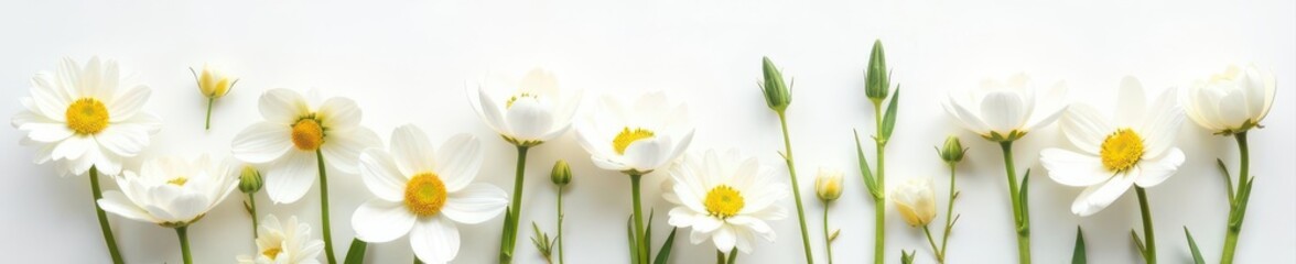 White spring flowers arranged in a flatlay pattern, clean white background, springtime, subtle, background