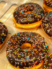 Delicious chocolate doughnuts with sprinkle topping on a tray