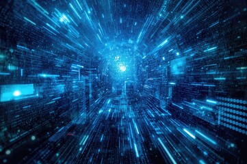 Futuristic digital metropolis featuring binary data streams. Concept of technological advancement and urban innovation.