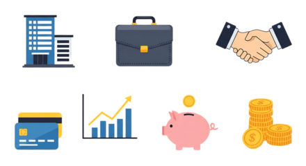 Financial planning concept with calculator, money bag, coins, credit cards and dollar bills isolated on transparent background