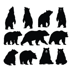 Silhouettes of various bear poses and actions depicting wildlife and nature silhouette