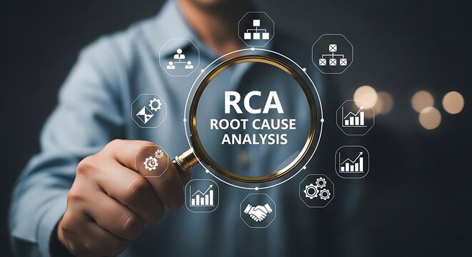 Man using magnifying glass to analyze root cause analysis with icons