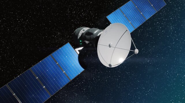 Space satellite animation showing the deployment of solar panels under a starry sky with sun reflections.