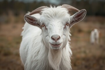 Obraz premium A happy goat with thick fur and prominent horns