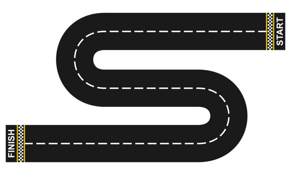 curved road for race track with start and finish line, vector illustration isolated on white background.