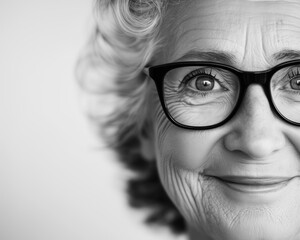Obraz premium Black and white close-up of an elderly woman with glasses, smiling warmly. Ideal for ads focusing on wisdom, experience, and positive aging.