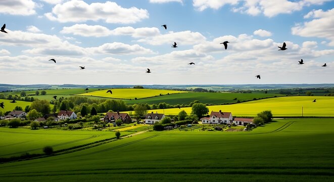 Birds flying over rural landscape featuring green fields and houses