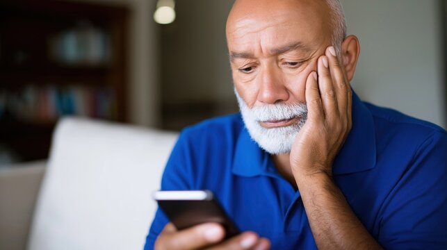Elderly man with a thoughtful expression, sitting on a couch, holding a smartphone. Ideal for themes of technology, communication, or senior lifestyle.