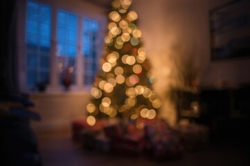 Blurred festive tree with glowing bokeh lights in cozy interior setting