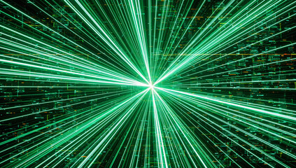 Obraz premium Green Light Rays Emitting from Center Against Data Grid