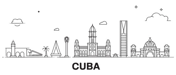 Cuba Line Art skyline. Travel Cuba famous landmarks. with white background