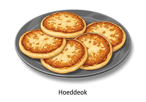Five round, flat, golden-brown pancakes, possibly Korean Hoeddeok, are centrally placed on a dark grey plate