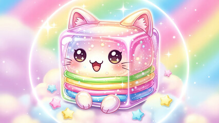 Adorable kawaii cat block sparkles with vibrant rainbow layers on a dreamy pastel cloud