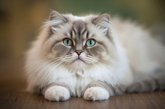 An adorable fluffy cat with dense white and gray fur resting on a table.