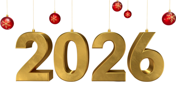 PNG Minimal Christmas Background with Gold and Red Ornaments and 3D 2026 Typography, Elegant Holiday