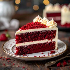 Close-up of a slice of red velvet cake with cream cheese frosting, topped with red crumbs and served on an elegant plate, gourmet dessert photography style