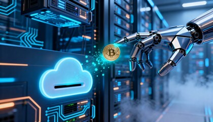 Robotic hand transferring bitcoin to cloud storage data center digital technology futuristic environment close-up view