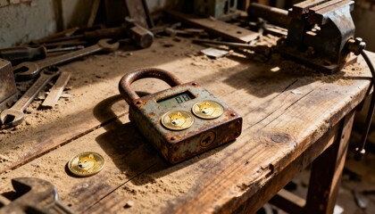Unlocking secrets vintage padlock on workbench workshop artifacts rustic environment close-up perspective
