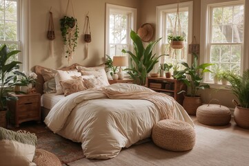 Naklejka premium A tranquil sleeping area adorned with greenery, cozy linens, and organic touches for calmness.