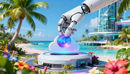 Robot hand holding cryptocurrency coin tropical beach digital art vibrant environment futuristic concept