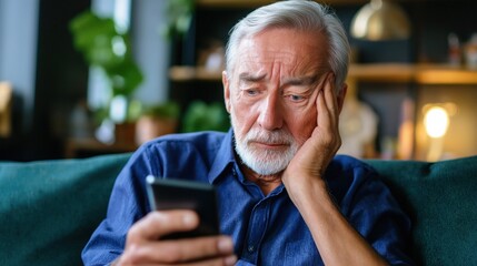 Elderly man with a worried expression sitting on a couch, holding a smartphone. Ideal for ads related to technology, communication, or senior care.