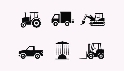 Agricultural and Construction Vehicle Icons Tractor Truck Excavator Pickup Forklift Keywords: tractor