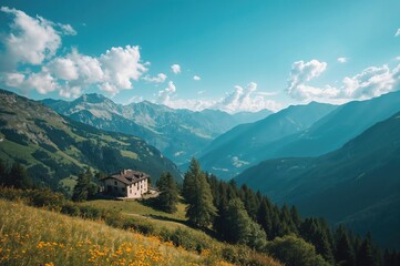 Fototapeta premium Scenic mountain landscape featuring a house and hiking trails
