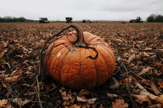A decaying pumpkin lying in the meadow