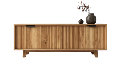 Stylish wooden sideboard featuring fluted door panels stands against a black background, complemented by a small vase and a larger decorative container holding a branch, presenting an elegant home...