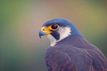 Fototapeta premium A colorful backdrop highlights a peregrine falcon glancing backward, isolated in nature, showcasing its feathers and eye in a close-up portrait