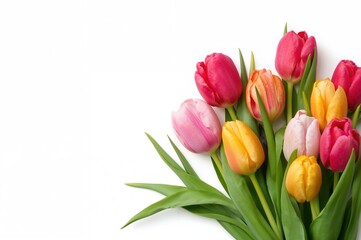 Fototapeta premium A vibrant tulip arrangement stands out on a pure white background, ideal for adding text and capturing the spirit of a special day for moms.