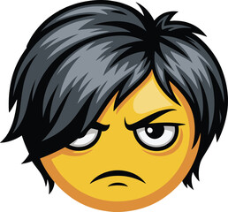 Angry Emo Yellow Face Vector Icon with Dark Hair and Side Swept Bangs Expressing Disapproval and Frustration Ideal for Teenager or Youth Culture Concepts Flat Vector Illustration